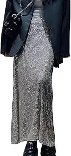 [DSAoTeng] Women Loose Low Waist Sequin Midi Long Skirt-Stretchy with Slit Glitter Pencil Skirt Sparkly for Evening Party Night Out Clubbing Concert