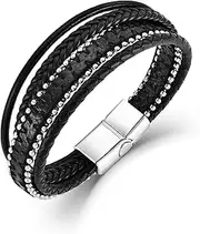 [PYNZY] Stainless Steel Leather Bracelet for Men, Braided Bracelet Beaded Wrap Layered with Clasp For Men Jewelry Gift