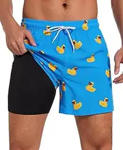 [Aueyan] Mens Swim Trunks 5.5 inch with Compression Liner Zipper Pockets,Quick Dry Swimsuit Trunks Funny Beach Board Shorts