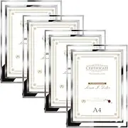 Hoikwo Set of 4 DIN A4 Glass Picture Frames - Silver Photo Frames for Certificates, Diplomas, Family Photos and Wedding Pictures - Document Frame 21 x 29.7 cm Only for Table Stands
