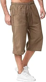 [JEShifangjiusu] Men's Causual 3/4 Long Cotton Shorts Drawstring Elastic Waist Cargo Straight Shorts Wide Leg Baggy Pants, Coffee A1, XXL