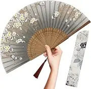 OMyTea Folding Hand Fan for Women - Foldable Chinese Japanese Vintage Bamboo Silk Fan - for Hot Flash, Church, EDM, Music Festival, Party, Dance, Performance, Decoration, Gift (Gray Sakura)