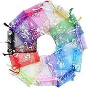 Homiliky 50Pcs Organza Bags, Mix Color Sheer Organza Bags Butterfly printing Mesh Bags Drawstring Gift Bags Jewelry Pouches for Candy Wedding Favors (Random, S)