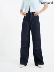 River Island Blue Carpenter Barrel 100% Cotton Jeans (AP4558) | $115