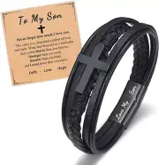 to My Son Grandson Nephew Dad Cross Leather Bracelet Baptism Birthday Christmas
