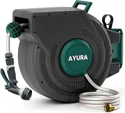 AYURA Retractable Garden Hose Reel 100 ft x 1/2 inch with Pro Metal Shaft, Heavy Duty Automatic Garden Hose Reel with Kink-Free Rewind and Lock at Any Length, Wall Mount Water Hose Reel for Outside