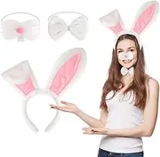 3 Pcs Easter Bunny Ears Kit, Plush Easter Headband with Bowtie and Nose, Cute Gifts for Kids Women Party Cosplay Easter Bunny Costume