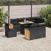 9-Piece Black Poly Rattan Patio Furniture Set - Outdoor Conversation Sets with Acacia Table, Chairs & Water-Resistant Cushions for Garden, Porch, Balcony - Outdoor