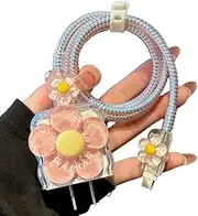 DIY Charger Cover Cable Protector Compatible with iPhone 18W/20W Charger,Pink Lovely Flower Floral Design,Cute Data Cord Wire Saver Phone Charger Protector for iPhone Adapter
