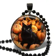 Black Cat & Pumpkins Halloween Glass Top Pendant Necklace 1" Pendant 24" Chain