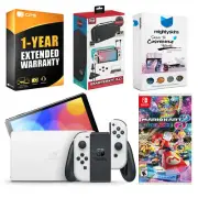 Nintendo Switch White OLED + Mario Kart 8 Deluxe + Surge Accessory Gaming Kit