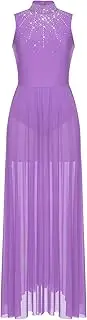 [Yhong] Sleeveless Lyrical Contemporary Dance Costume for Women Sparkly Ballet Dance Maxi Dress Dancewear