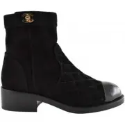 Chanel 20K Black Suede Quilted Turnlock CC Gold Patent Ankle Short Zip Boot 36.5