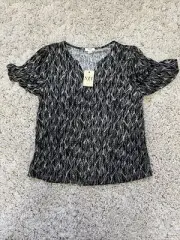 Nic + Zoe NZT Linen Blend Sketched Leaves Flutter Sleeve Blouse Top Women Small