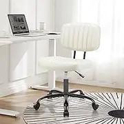 DUMOS Armless Home Office Chair Ergonomic Desk with Comfy Low Back Lumbar Support, Height Adjustable PU Leather Computer Task with 360° Swivel Wheels, for Small Space, Kids and Adults, Beige White