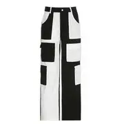 Low Rise Color-Block Straight-Fit Corduroy Wide-Leg Pants Black & White - L