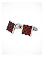 [Cudworth] Polished Rhodium Plated Agate and Onyx Check Round Cufflinks in Red