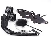 SM Adult Black Feather Eye Mask Handcuffs Breast Clip Leather Whip Passion Toy Set 5 Pcs
