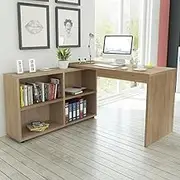 Oak Corner Desk with 4 Shelves, Computer Table for Home Office, Engineered Wood Desks with L-Shaped Adjustable Stand, Work & Gaming