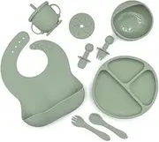 10pc Silicone Baby Feeding Set | No Mess Divided Suction Plate, Suction Bowl, Spoon and Fork, Silicone Bib and Sippy Cup with Snack Cup Attachment | Baby Led Weaning Feeding Utensils | (Olive)