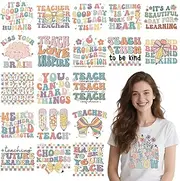 Shejdgart Dtf Transfers Ready to Press - 20 Pcs Teacher Iron on Patches for T-Shirts, Colorful Bow Daisy Heat Transfer Designs Vinyl Stickers, Inspirational Iron on Decals for DIY Clothes Bags