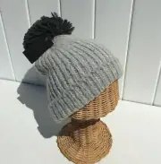 New Light gray/Black Mix Color With Faux Fur Pom Soft Stretchy Knit Beanie Hat#C