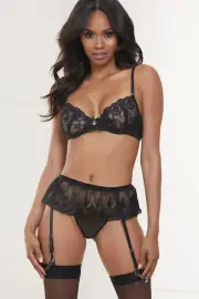 Seven Til Midnight Lustful Thoughts Black Embroidered Mesh Bra, Garter Skirt & G String Set