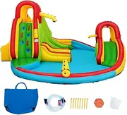 Inflatable Water Park Jumping Castle, Kids Jumping Bounce House w/ Large Splash Pool, Slides, Water Canon, Water Spray, Basketball Hoop, Outdoor Blow up Pool Playground for Backyard, Kids Party（No Blower）