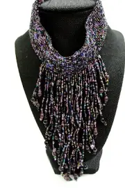 Boho Beaded Elastic Choker Waterfall Tassel Necklace Purple Handmade