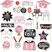 Graduation Photo Booth Prop, Class of 2024 Grad Decor Graduation Hat Glasses 2024 Graduation Party Signs Graduation for Photoshoot Party Supplies (Pink and Black)
