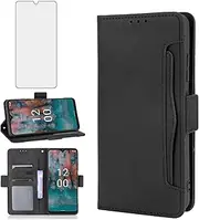 [Asuwish] Compatible with Nokia C12 Wallet Case and Tempered Glass Screen Protector Card Holder Stand Leather Flip Cell Accessories Phone Cover for nokiaC21 Women Men Black