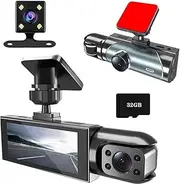 3 Channel Dash Cam Front and Rear Inside for Cars, 4K Full UHD Car Camera with 32GB Card, IR Night Vision, 3.18” IPS Screen, 176° Wide Angle, 24H Parking Monitor, G-Sensor, Loop Recording
