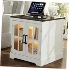 Farmhouse End Table, 24" Large Sofa Side Table with Charging Station & LED