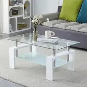 [Kebynti] Coffee Table - Rectangle Glass Coffee Table with Simple and Classical Inspired Design, Easy Assembly for Modern Living, 39.5 * 23.5 * 17.5 inches (White)