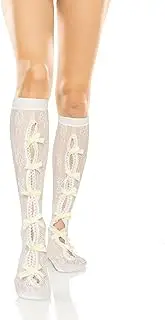 [Violet Mist] Womens White Fishnet Knee High Stockings with Bow Sexy Lace Knee Highs Floral Patterned Sheer Hollow Out Socks
