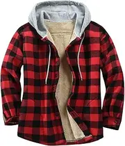 [Flygo] Men's Flannel Plaid Shirts Sherpa Lined Fleece Jacket Casual Button Down Shacket Hoodie