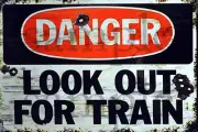 WEATHERED LOOK OUT FOR TRAIN RAILROAD METAL BUILDING DIORAMA LAYOUT SIGN 3x2