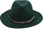 [WRITWAA] Elegant Chain Flat Brim Hat by Men Women Felt Hat Chain for Casual Formal Events Dark Green