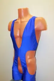 Men Long Catsuit 353-51 Open Thigh Chest Back Crotch Royal Blue Spandex Size XL