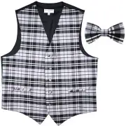 New Men's Plaid Tuxedo Vest Waistcoat & Bowtie Gray Wedding Prom formal party