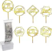 JOELELI 107 Pieces Cake Money Box Kit, Cake Money Pull Out Kit Includes Pulling Money Surprise Box with 100 Transparent Bags and 6 Happy Birthday Cake Topper, Cake Decorations(Gold)
