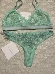 Mimi Holliday Bisou Bisou M Bralette Lace Silk Culotte Thong Set Aquamint Green