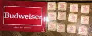 New in Box BUDWEISER BEER BAR MAT 12 X 18 Rubber + 12 Vintage BUDWEISER COASTERS