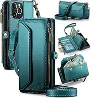 Strapurs Wallet Case Compatible with iPhone 11 Pro RFID Blocking 7-Card Holder Soft PU Leather Magnetic Snap Shoulder Strap Zipper Pocket Phone Case Fit for iPhone 11 Pro 5.8" - Blue Green