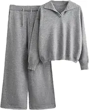 [Generic] Women Knitted Two Pieces Sets Turn Down Collar Pullover Sweater+Wide Leg Pants Sets