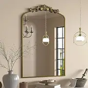 SMIROR Gold Vintage Arch Mirror 24x36, Retro Ornate Antique Vanity Mirror with Carved Top, Baroque Inspired, Metal Frame, Decorative for Bathroom, Bedroom, Living Room