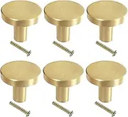 6Pcs Gold Cabinet Knobs,Drawer Handles,Solid Brass Cabinet Knobs,Brushed Finish Door Knobs Round with Screws for Cabinets Dresser Drawer Cupboards(20 X 25mm)