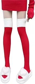 [Oxtxuzdm] Festival Christmas Thigh High Stockings with Furry Plush Top Cuffs for Women Holiday Cosplay Over the Knee Long Socks