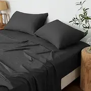 LINENOVA Vintage Washed Single Sheet Set - 3 Piece Premium 2000TC Ultra-Soft Microfiber Bed Sheets - Cotton-Like Texture - Breathable and Soft- Sheets & Pillowcases (Single, Black)