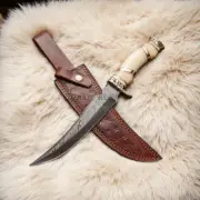 Handmade Damascus Steel Camel Bone Knife With Leather Sheath, Personalized Knife